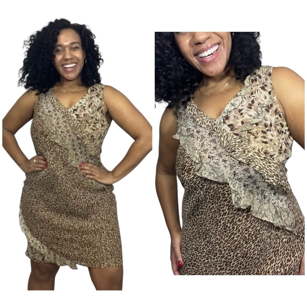 Vintage Boho Patchwork Indie Animal Print Silk Ruffles Dress Flowy Midi Leopard